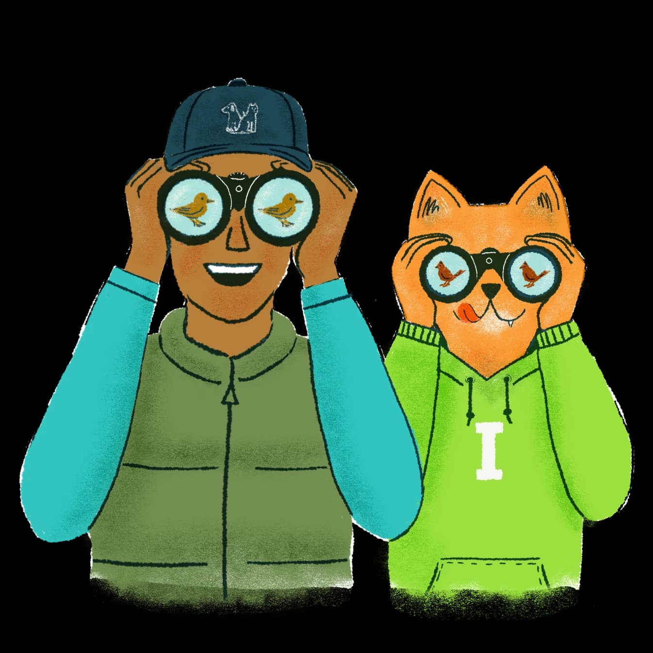 A birdwatcher in a cap and an orange cat in a hoodie, both peering through binoculars