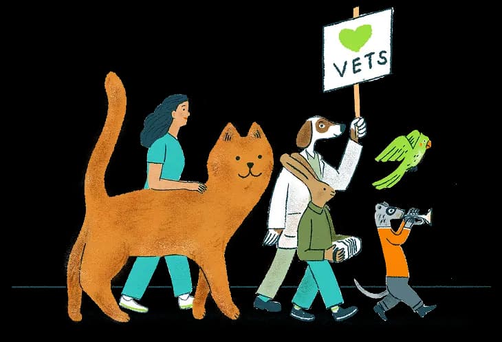 Illustration of a vet walking with animals