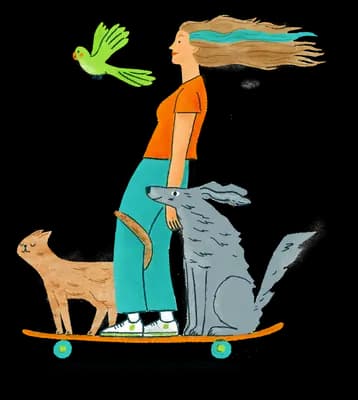 A veterinarian riding a skateboard with a cat and a dog aboard and a parrot flying alongside