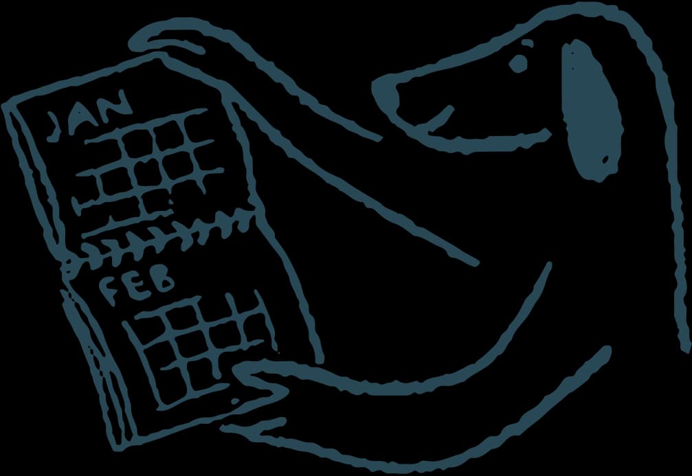 A line drawing of a dog holding up a two-month wall calendar