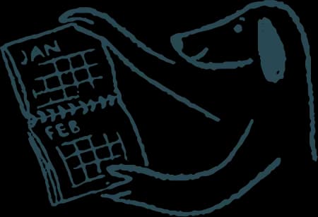 A line drawing of a dog holding up a two-month wall calendar