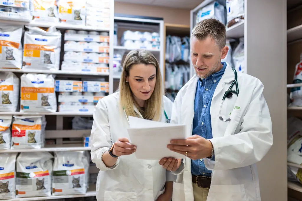 two veterinarians reviewing a document