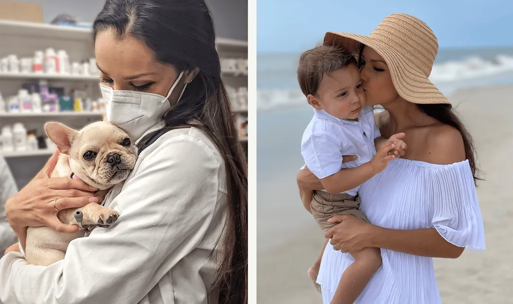 Photo of IndeVets employee Maritza holding a dog and her child