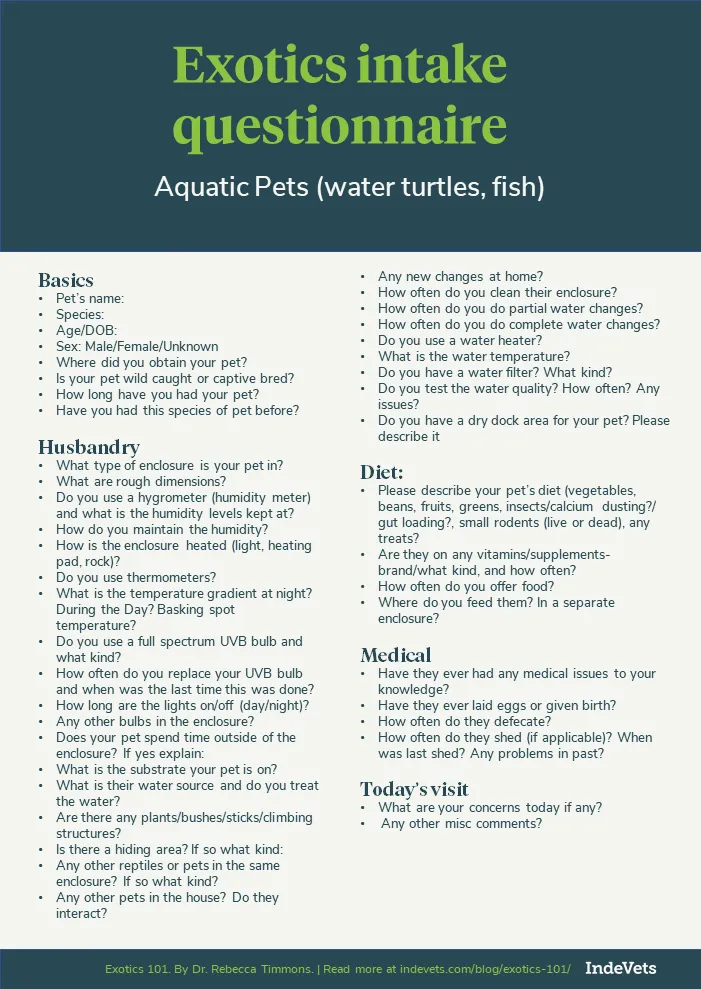 Exotics 101 questionnaire for aquatic pets