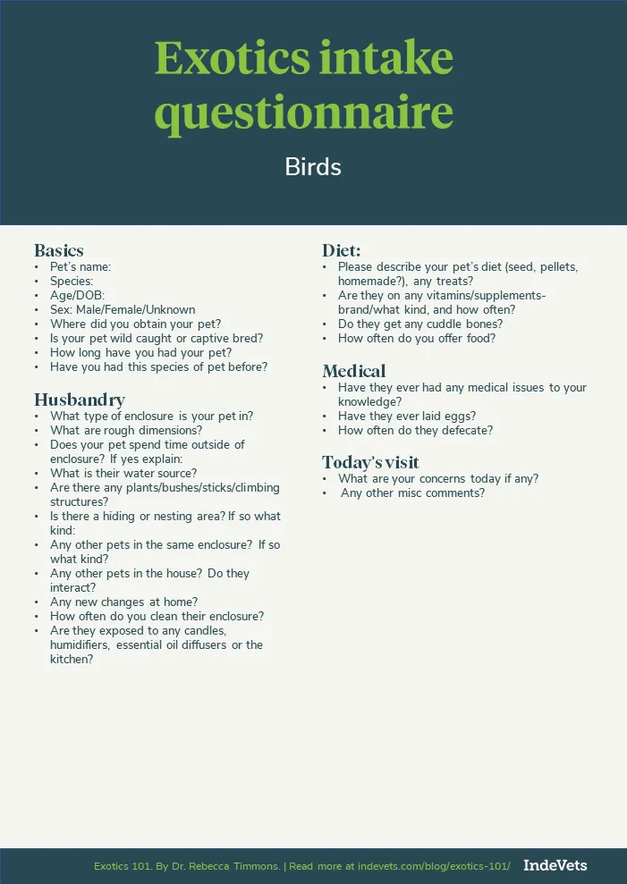 Exotics 101 questionnaire for birds
