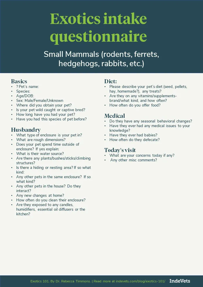 Exotics 101 questionnaire for small mammals