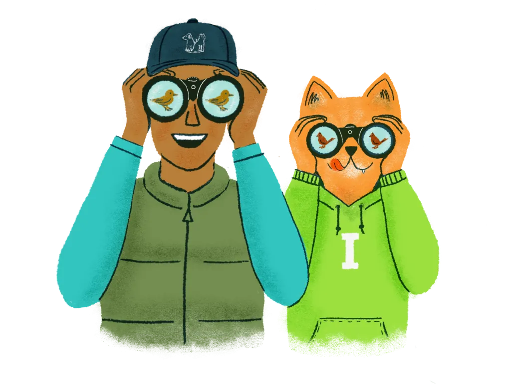 Illustration of human and anthropomorphic cat looking thru binoculars