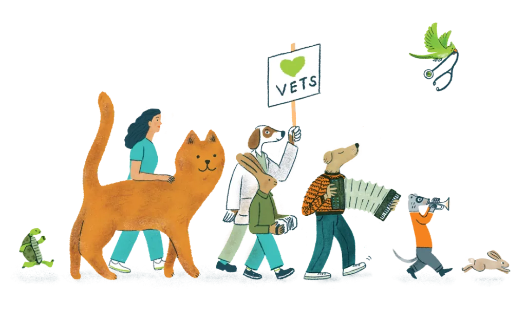 Illustration of various animals, some anthropomorphic, marching in a parade with a veterinarian