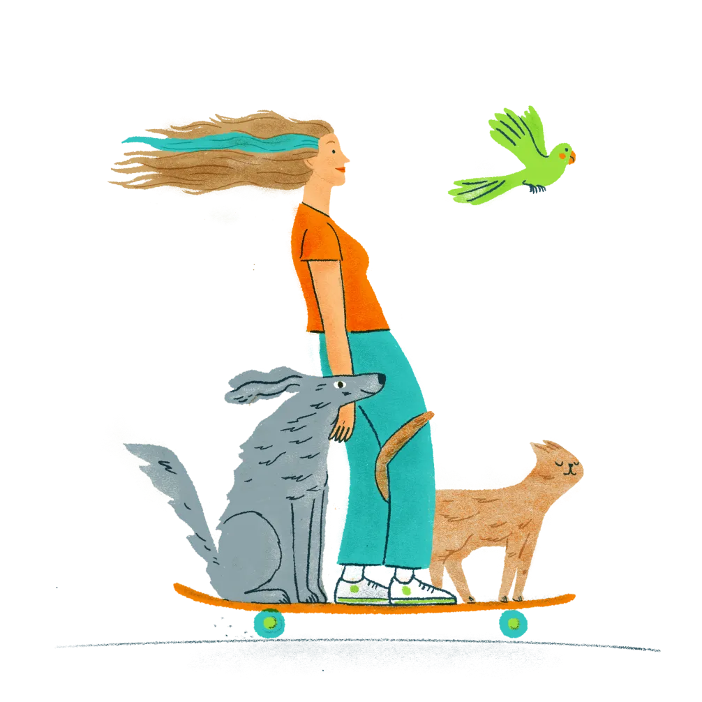 Illustration of a human riding a skateboard with a cat and dog on board