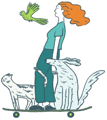 Illustration of a human riding on a skateboard with a cat and dog
