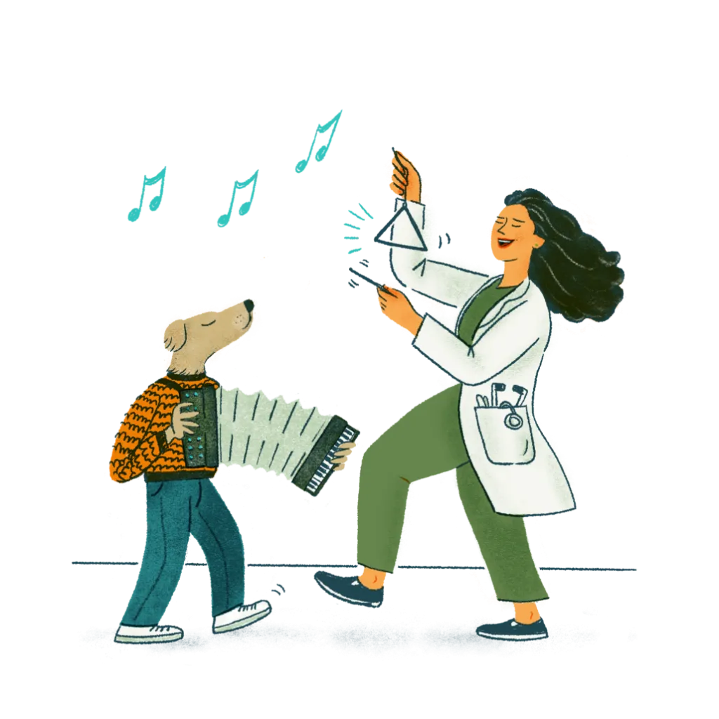 Illustration of anthropomorphic dog playing instruments with a veterinarian