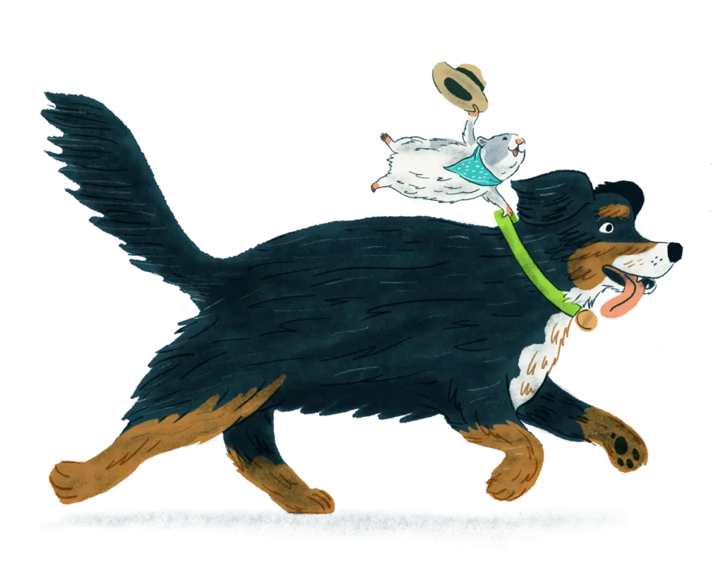 Illustration of a hamster holding a cowboy hat as they hold onto a large dog's leash