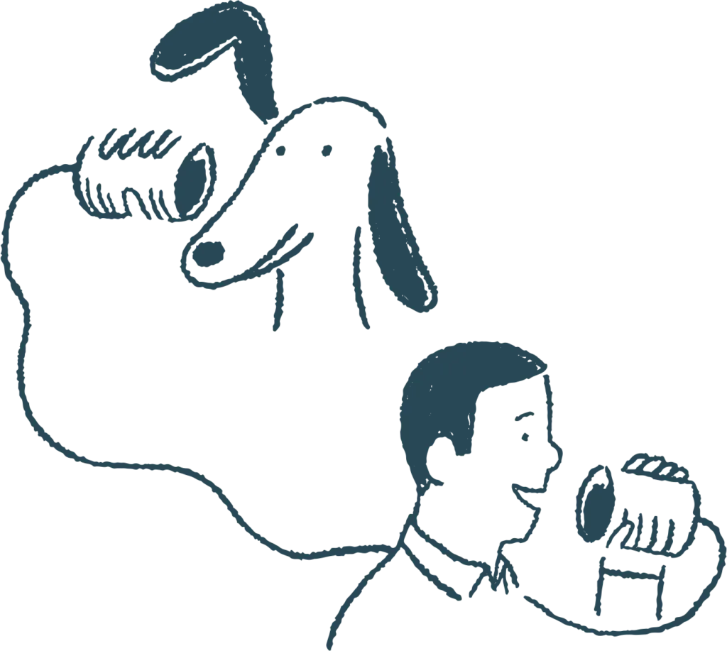 Illustration of a dog and human talking to each other using a can phone.