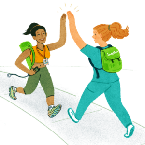 Illustration of a vet with yoga gear high-fiving an IndeVet wearing scrubs