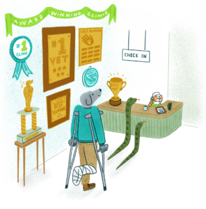 Illustration of an anthropomorphic dog walking on crutches in a vet practice with various awards on the wall and shelves.