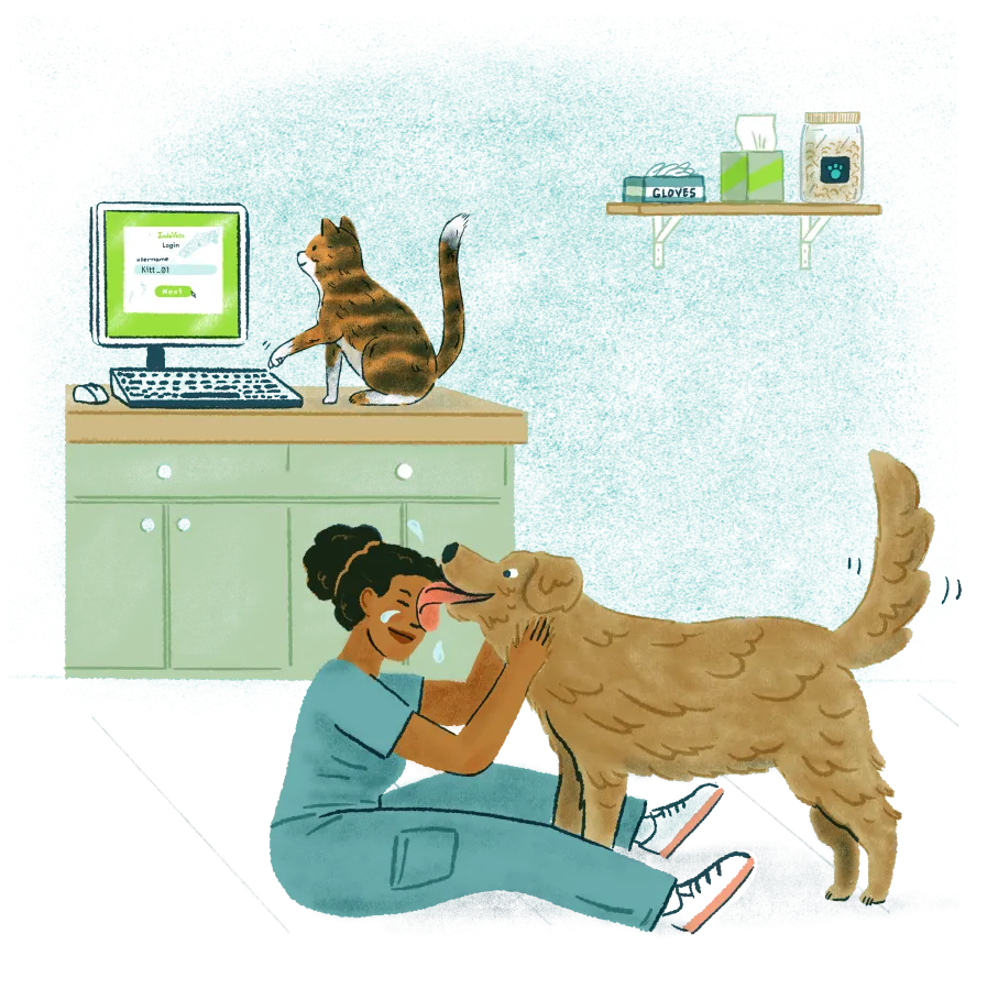 A dog licking a vet's face in an exam room while a cat logs into a computer in the background.