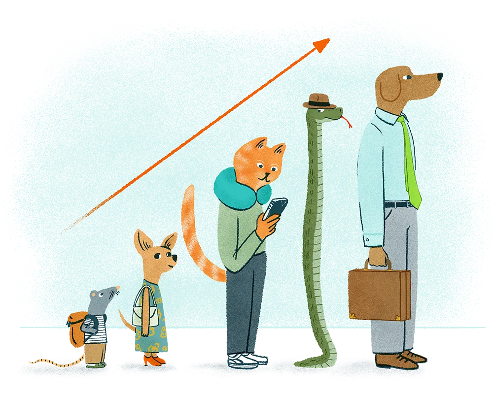 Illustration of anthropomorphic animals standing in line shortest to tallest