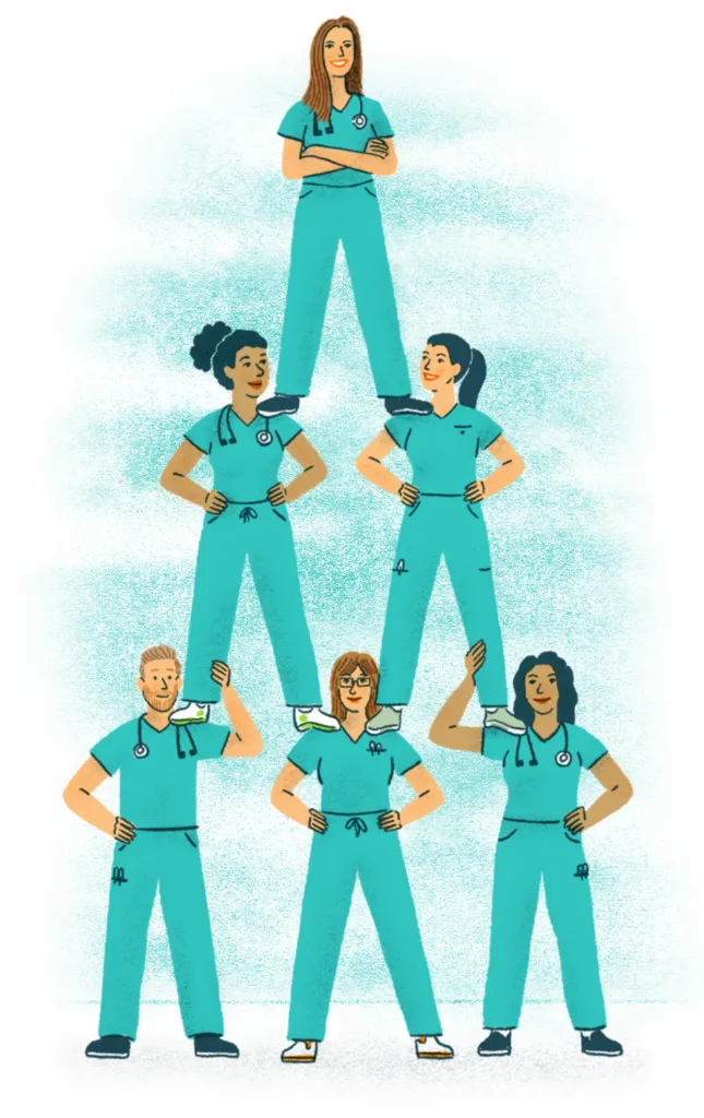 Illustration of 6 vets standing in a pyramid shape
