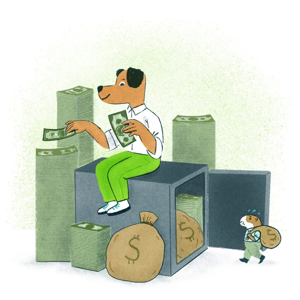 Illustration of a dog counting money on top of a safe while a hamster carries a money bag into the safe