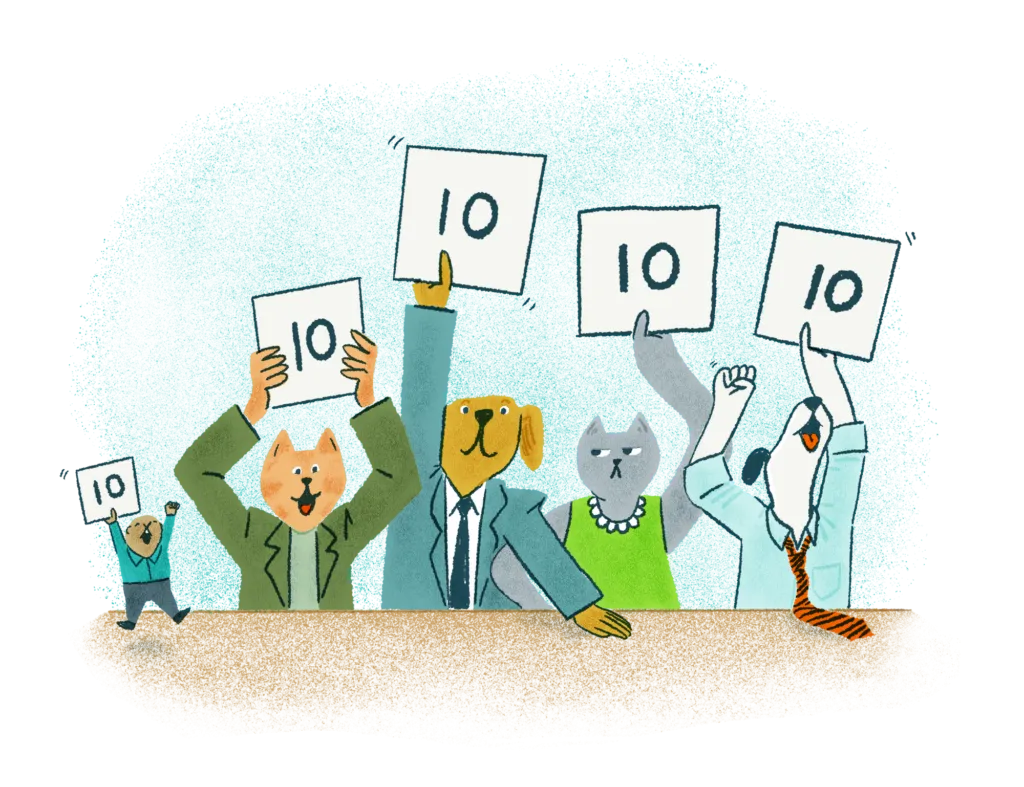 Illustration of anthropomorphic animals acting as table judges holding up all 10s