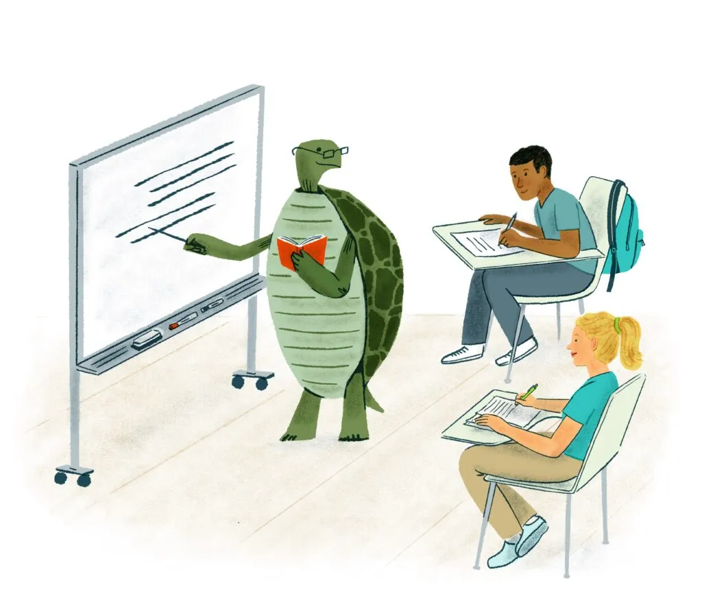 Illustration of a large turtle standing on two legs and teaching two veterinary students
