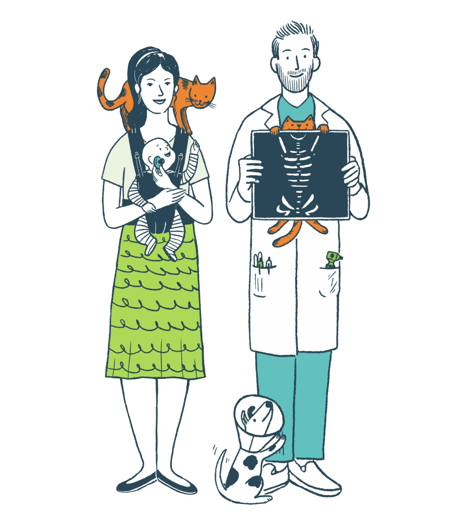 Illustration of two veterinarians standing beside one another. One is wearing casual clothes and holding a baby in a papoose while the other is in scrubs and holding an x-ray up to a cat.