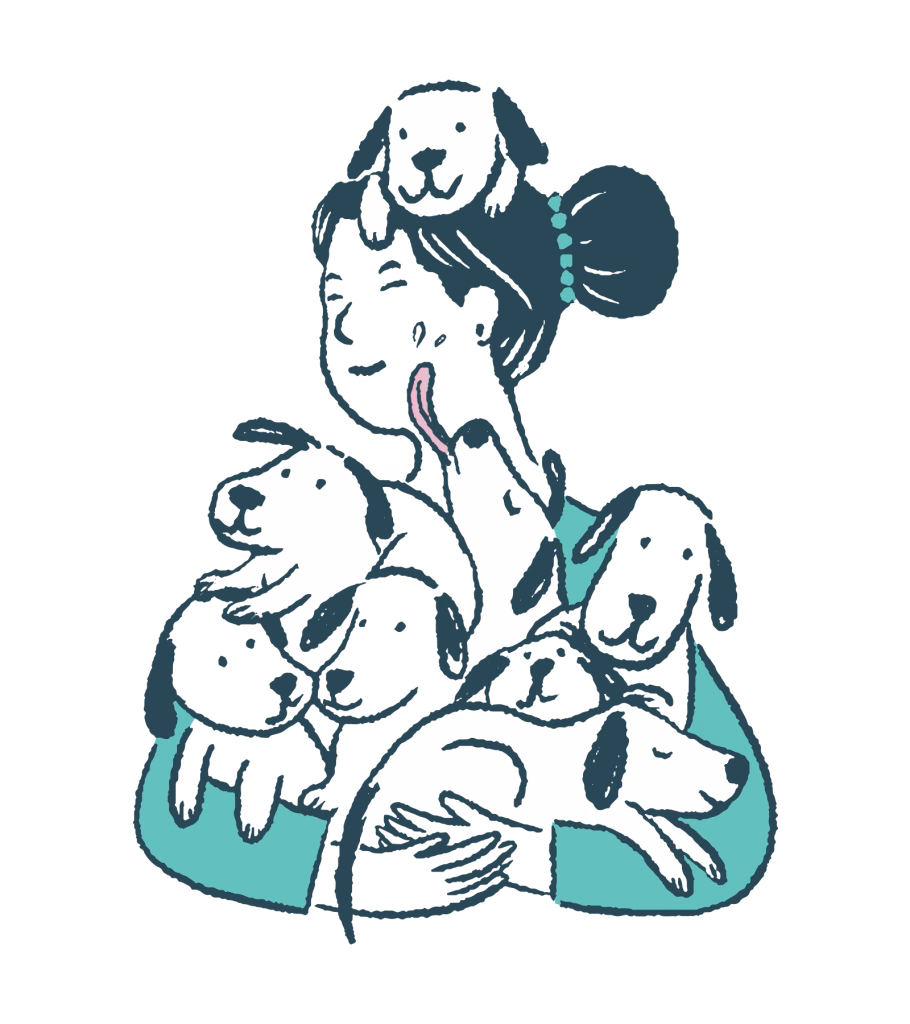 Illustration of a veterinarian holding an armful of puppies while one sits on the vet's head