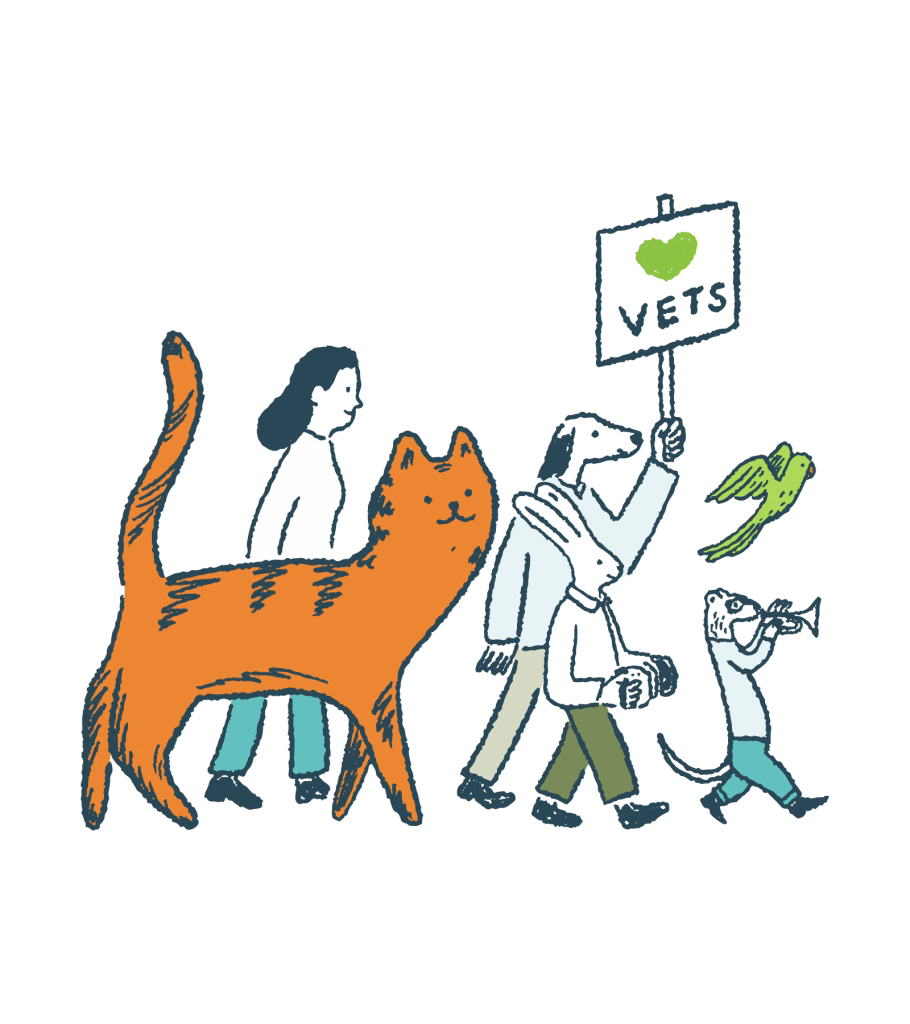 Illustration of a variety of anthropomorphic animals, a human, and a large orange cat marching in a parade.