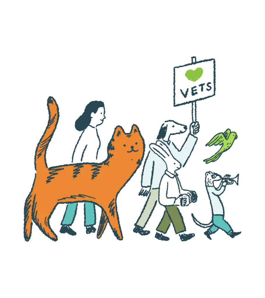 Illustration of a variety of anthropomorphic animals, a human, and a large orange cat marching in a parade.
