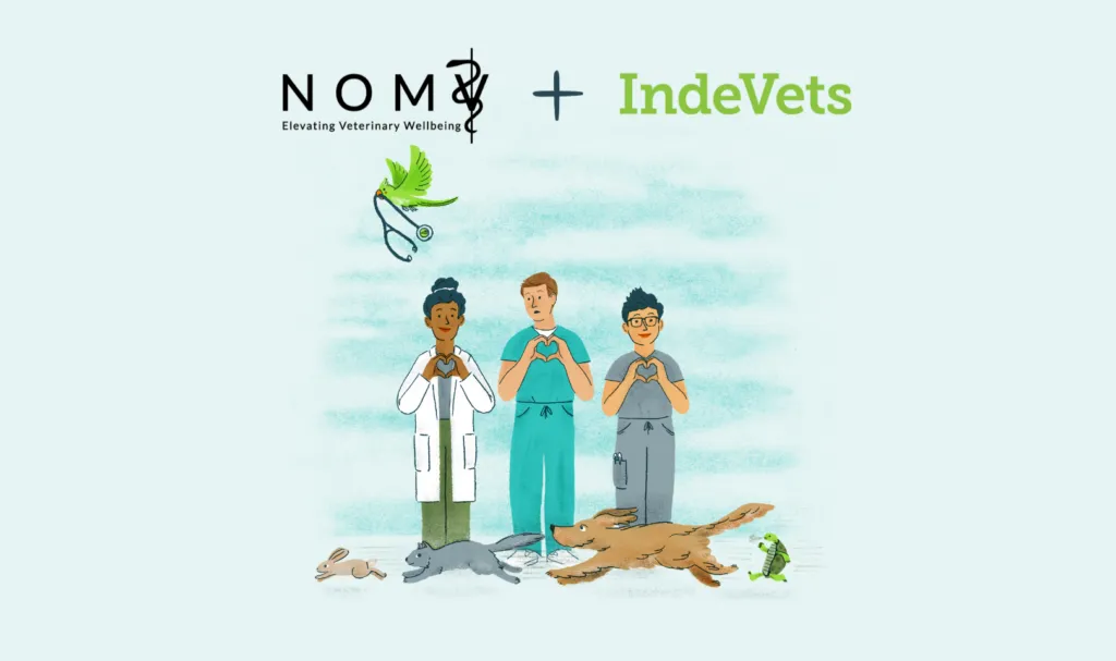 IndeVets + NOMV logo with Illustration of Vets holding up heart hands