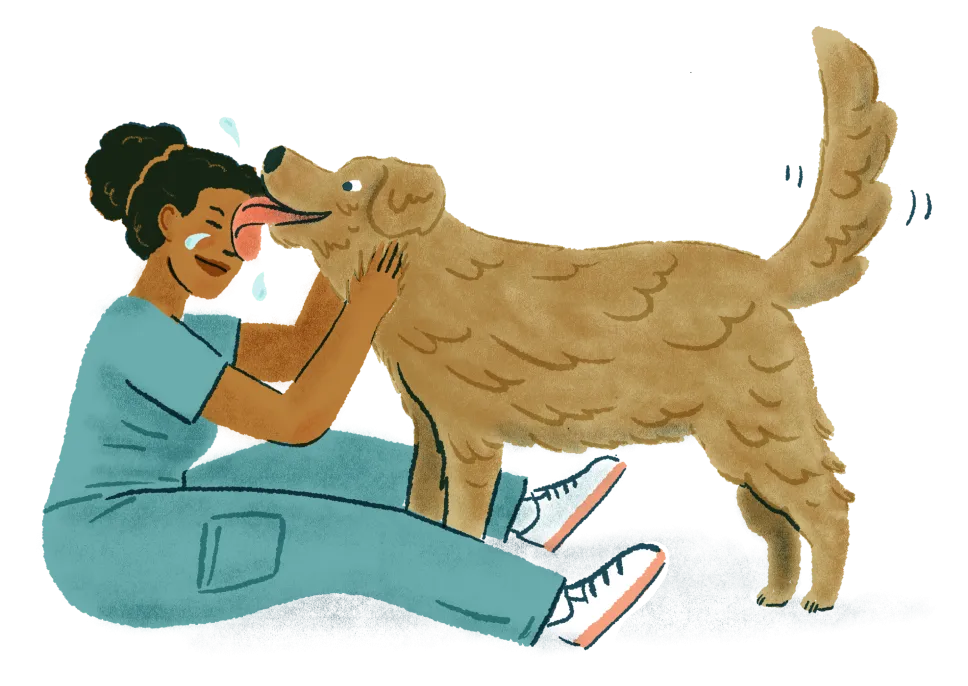 Illustration of a vet sitting down while a dog licks their face