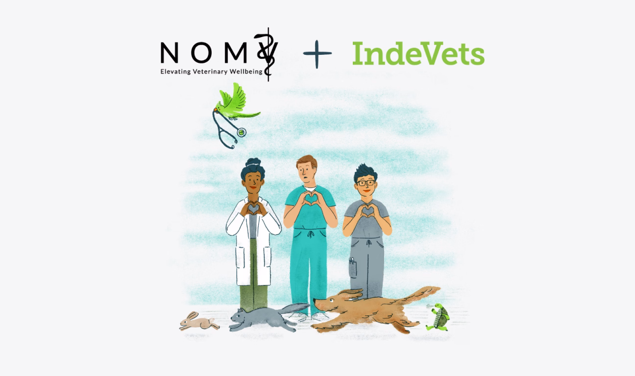IndeVets + NOMV logo with Illustration of Vets holding up heart hands