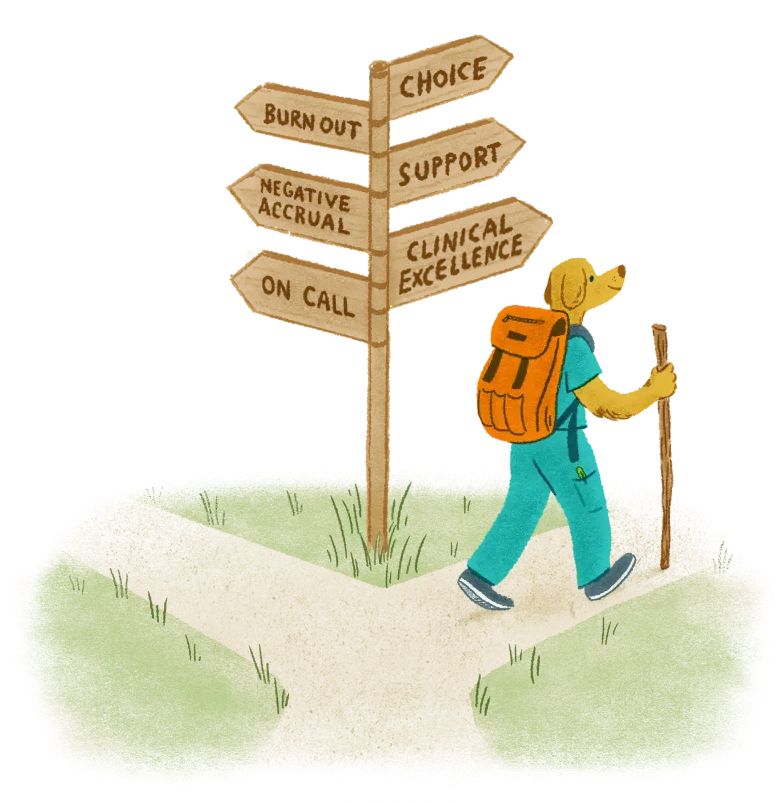 Illustration of an anthropomorphic dog wearing scrubs hiking past a sign pointing toward 