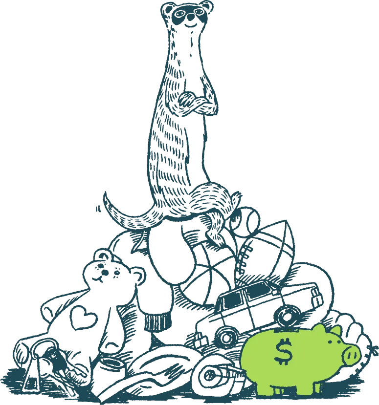 Illustration of a ferret proudly sitting atop a pile of toys and household items