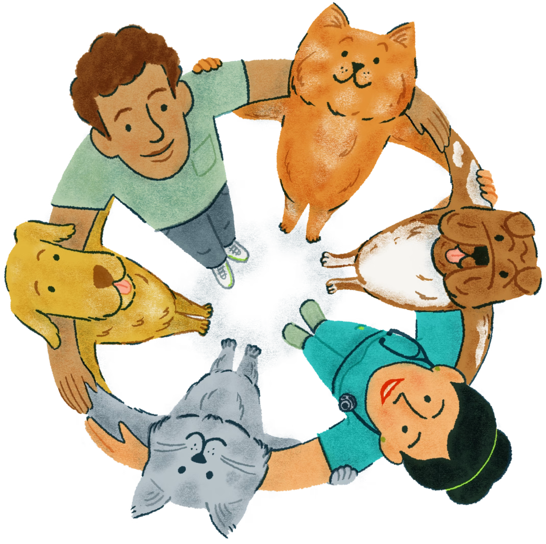Illustration of people and anthropomorphic animals linking arms in a circle