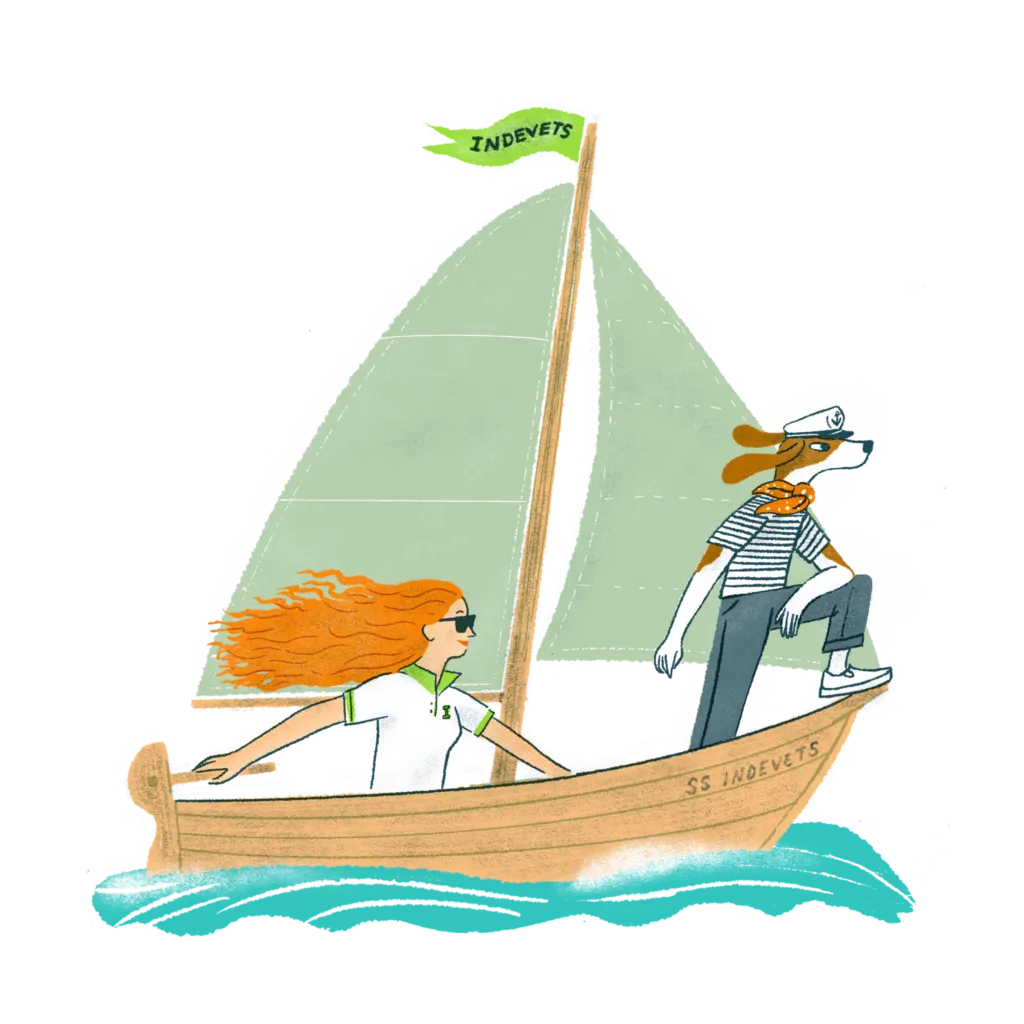 Illustration of a person and an anthropomorphic dog in a sail boat