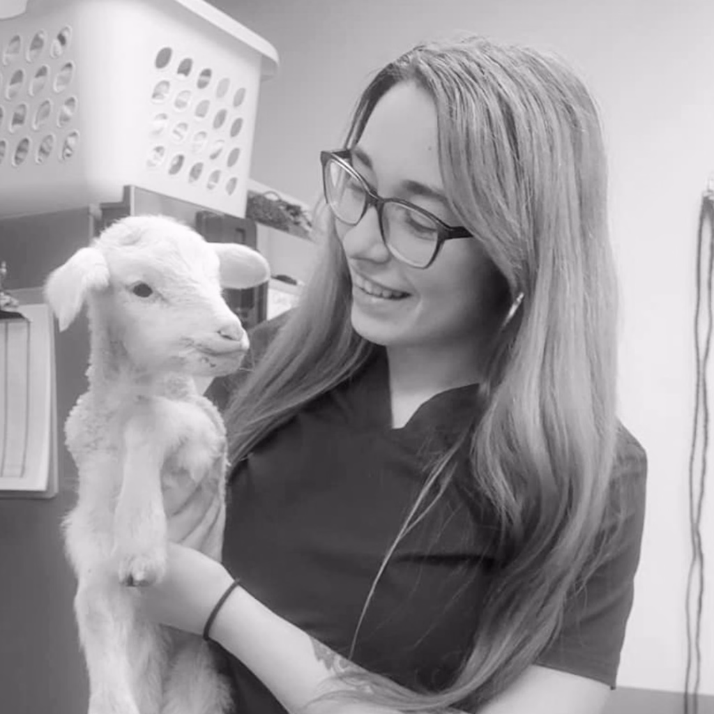 Black-and-white photo of Steph Davis, Strategic Support Manager, holding a goat.