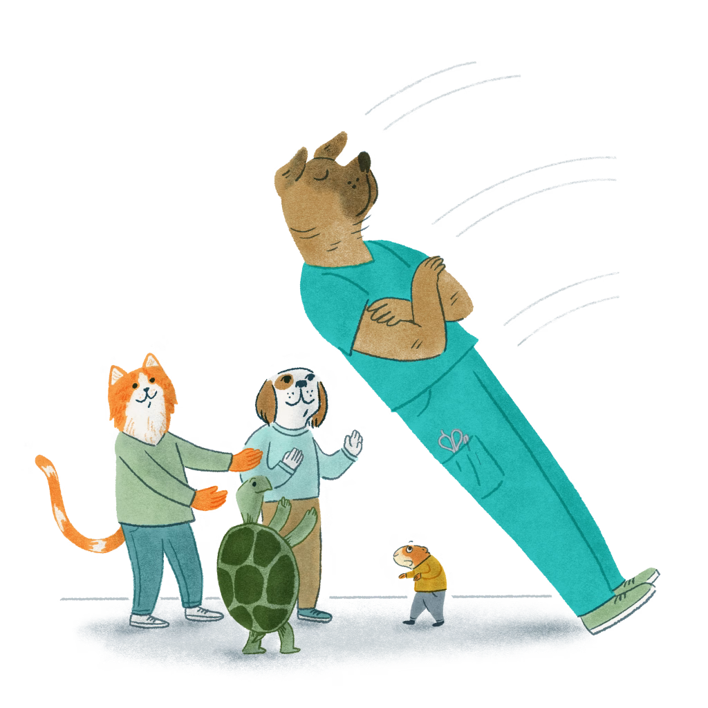 Illustration of a variety of anthropomorphic animals performing a trust fall exercise