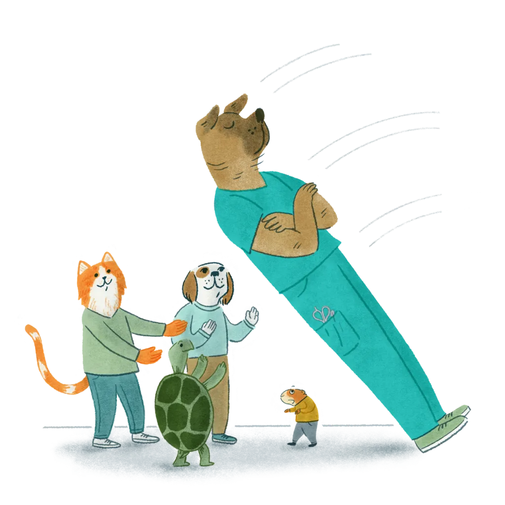 Illustration of a variety of anthropomorphic animals performing a trust fall exercise