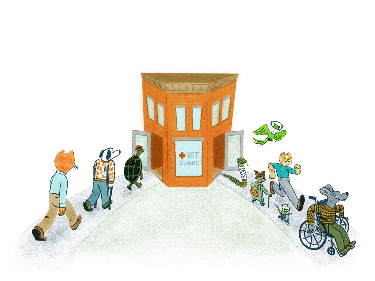 Illustration of a variety of animals entering and exiting a vet clinic