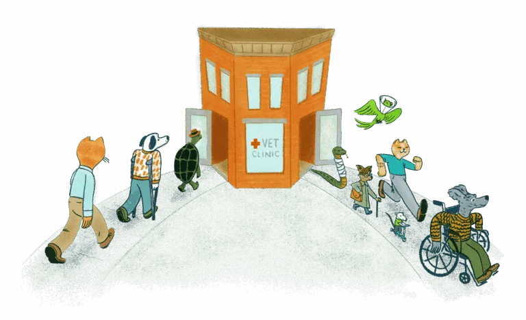 Illustration of a variety of animals entering and exiting a vet clinic