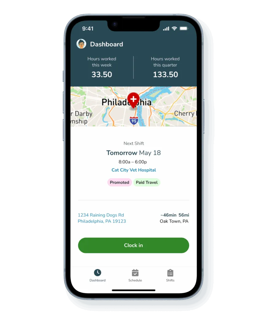 A smart phone displaying the IndeVets app showing a doctor's next shift clock-in screen
