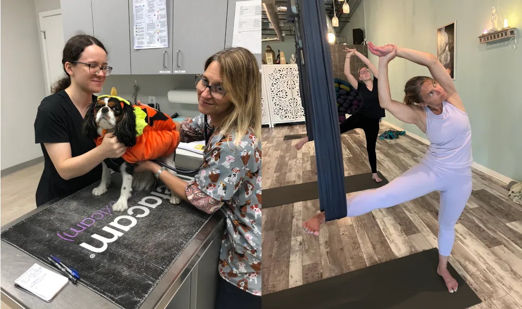 Photo of Dr. Natalie Paul & a vet tech in clinic examining a dog in a pumpkin costume alongside a photo of Dr. Paul doing yoga