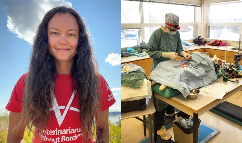 Two photos of Dr. Michelle Tuma: one of her wearing a Veterinarians Without Borders shirt and standing outside and another of her operating on a dog in a clinic
