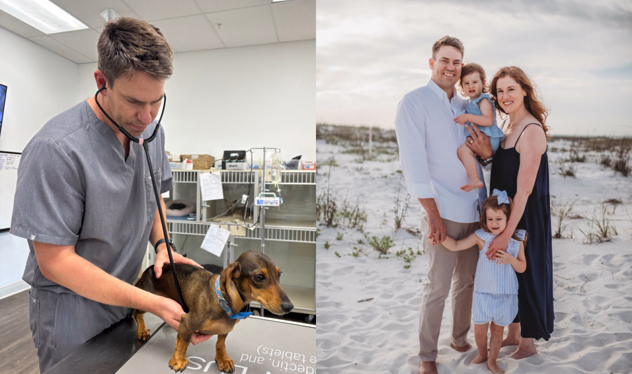 Two side-by-side photos of Nick White: one in practice examining a dachshund and one one the beach with his family.