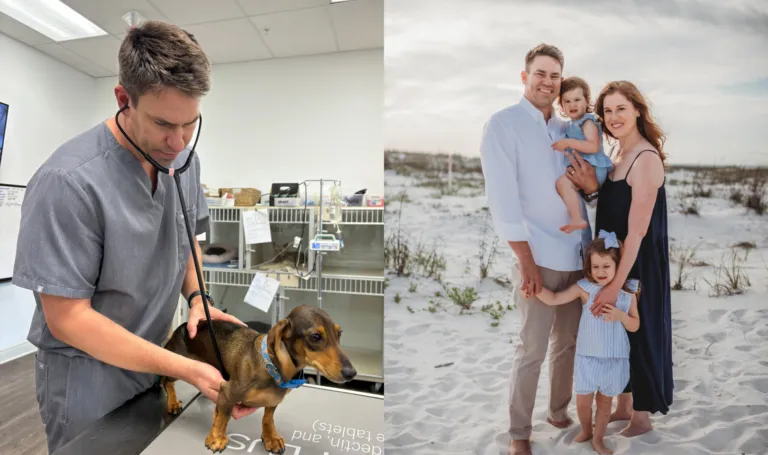 Two side-by-side photos of Nick White: one in practice examining a dachshund and one one the beach with his family.