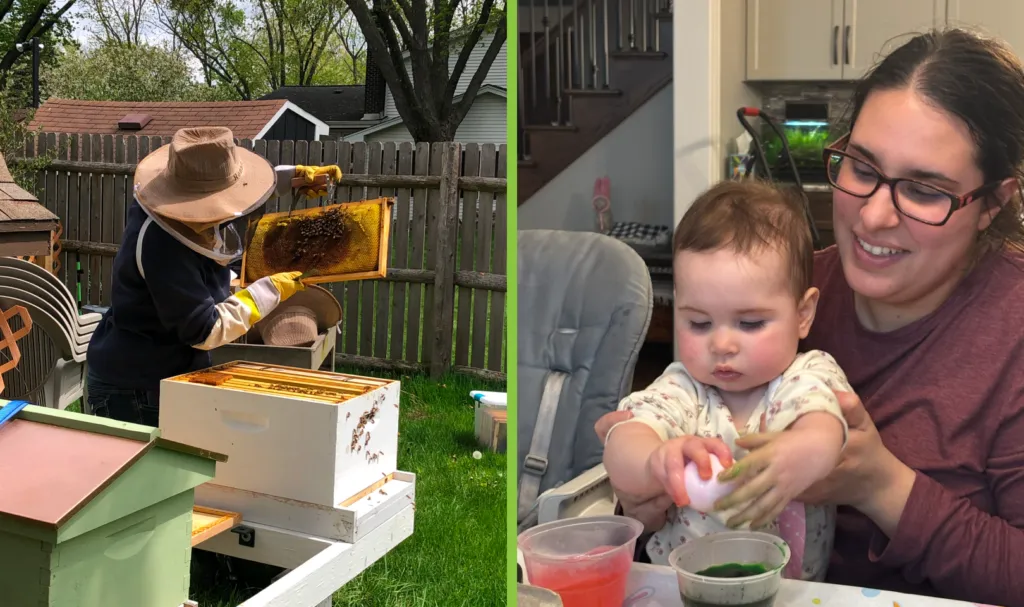 Two photos of Gianna Marco: one shows her beekeeping outdoors, and the other shows her holding a child